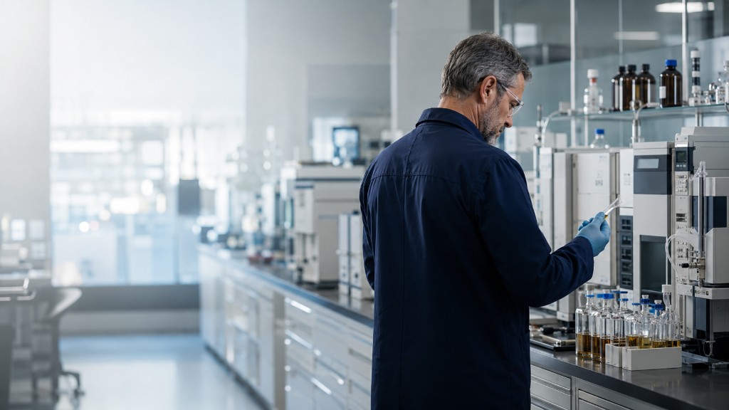 Cientista em laboratório da IC Analítica analisando amostras de combustível